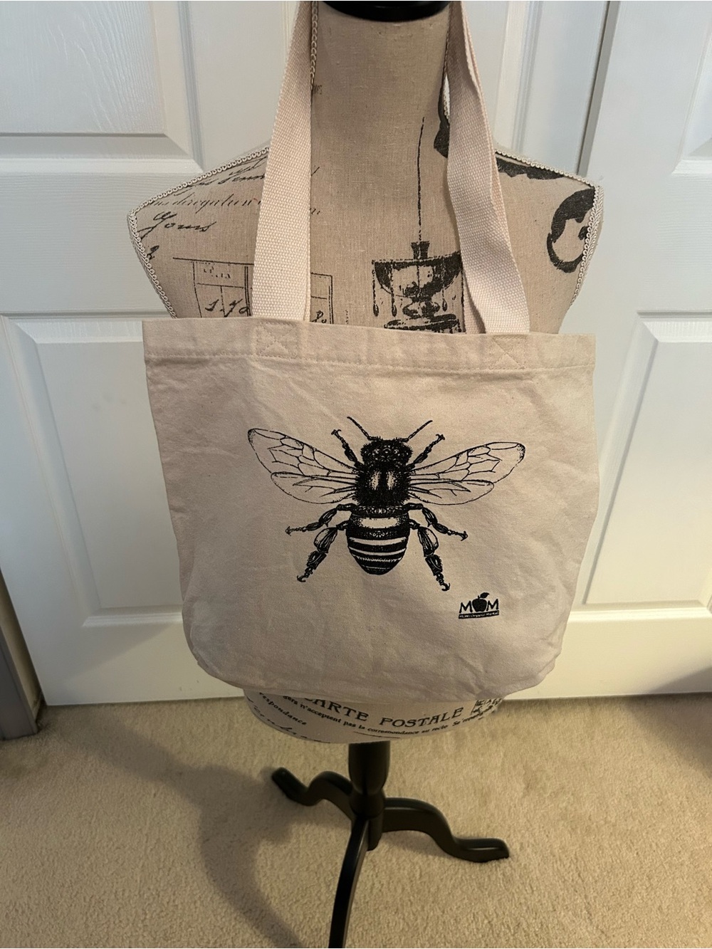 Neutral Canvas Tote with Black Bee Print